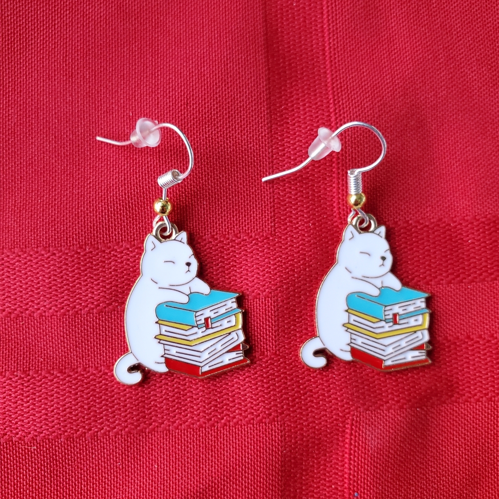 White Cat Earrings with Books
